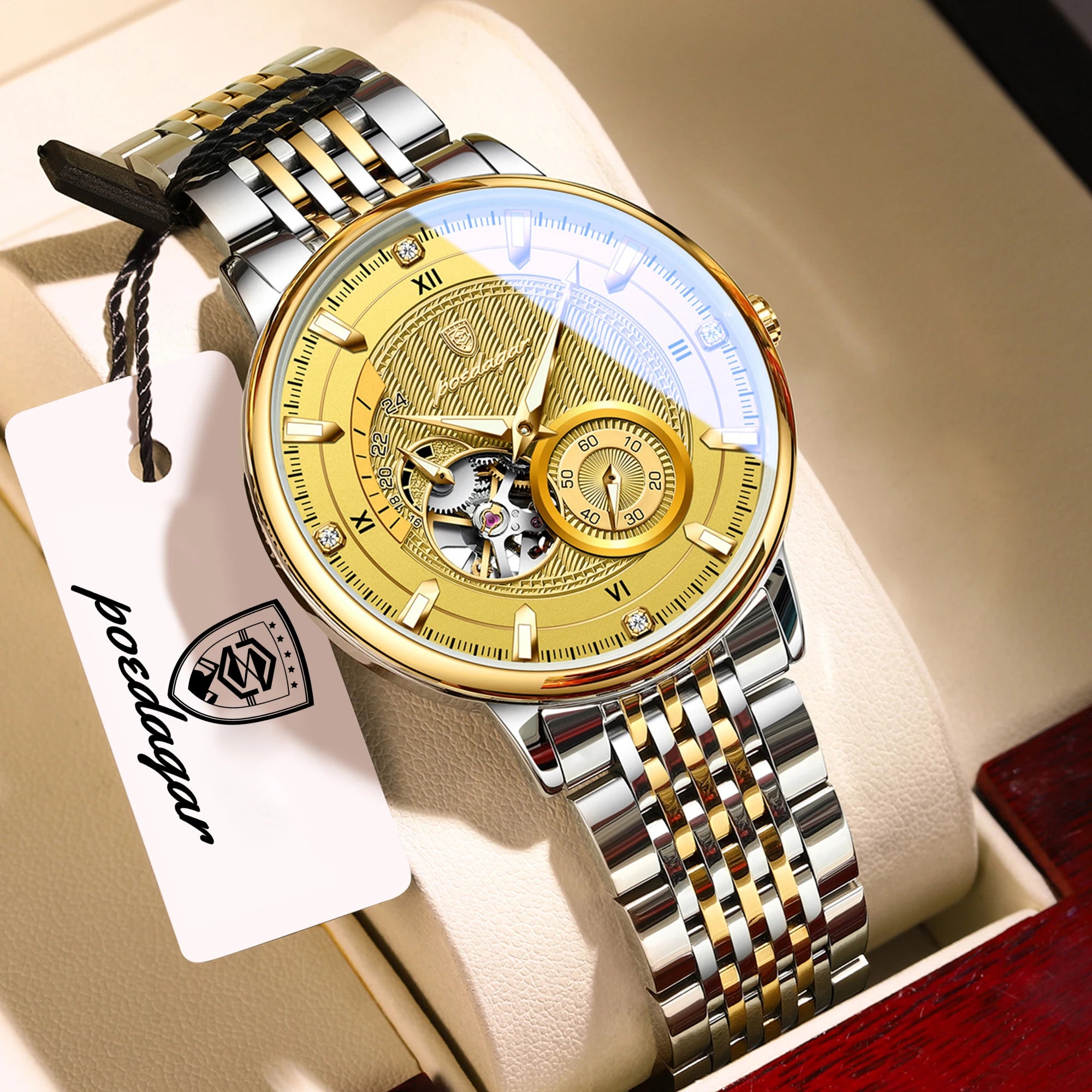 POEDAGAR Luxury Male Clock Date Week Stainless Steel Tourbillon Men Watch Waterproof Automatic Mechanical Business Men's Watches