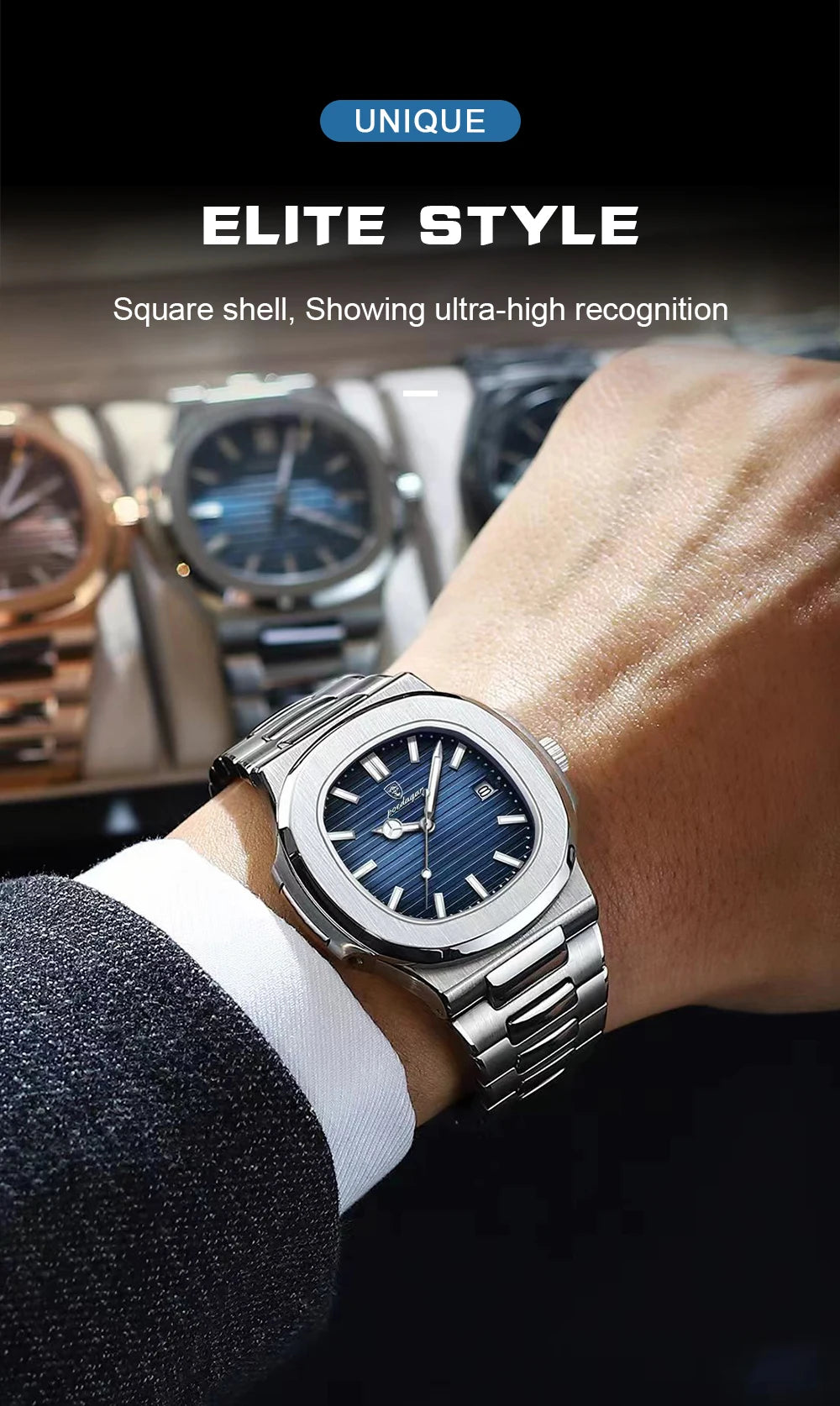 POEDAGAR Luxury Square Men Wristwatch Waterproof Luminous Date Stainless Steel Sports Male Clock Business Quartz Watches For Men