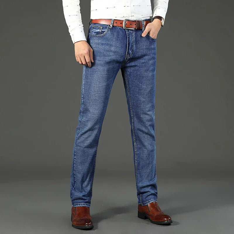 WTHINLEE Business Men's Jeans Casual Straight Stretch Fashion Classic Blue Work Denim Trousers Male Brand Clothing Size 28-40