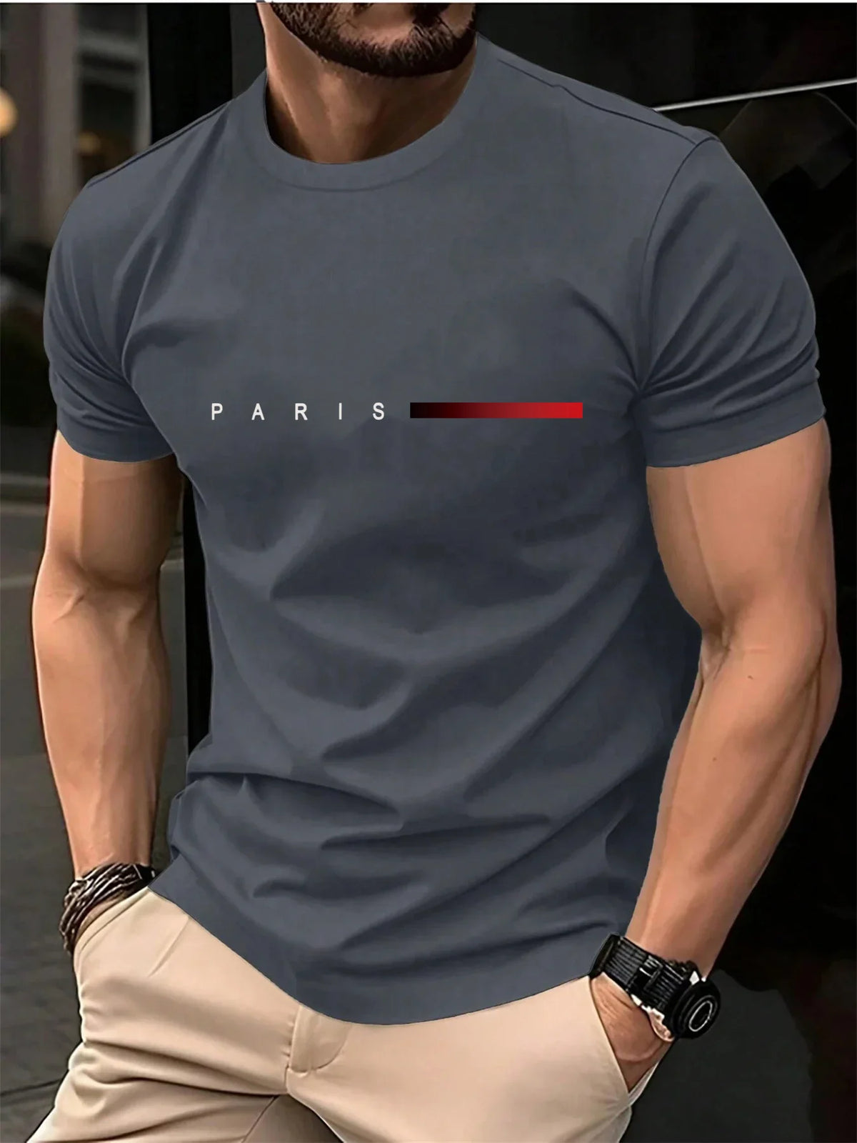 New fashionable t-shirt for men loose Paris style with creative print of letters casual round neck and short sleeves for summer