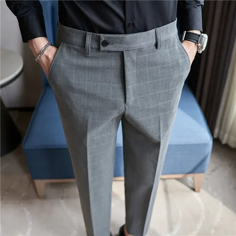 Gray Plaid Suit Pants Men, Fashion Slim Streaks Trousers Korean Navy Blue Pantalones Hombre, 28-32,33,34,36,38 Male Pant