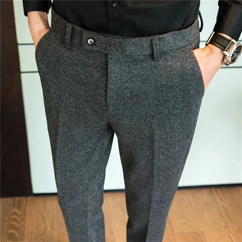 Autumn Winter Man Elastic Pants Knitted Herringbone Straight Leg Trousers Business Casual Banquet Men's Suit Pants