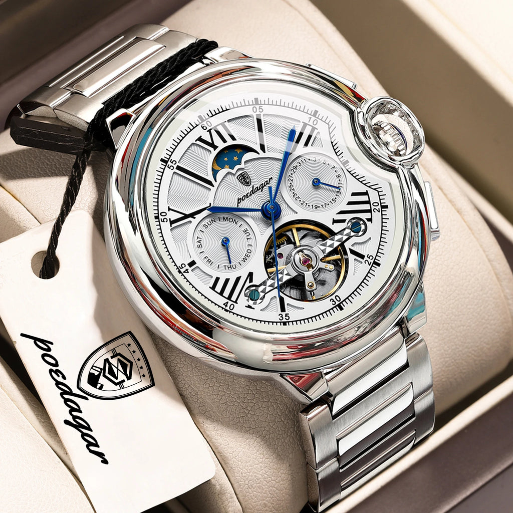 POEDAGAR Luxury Male Clock Date Week Stainless Steel Tourbillon Men Watch Waterproof Automatic Mechanical Business Men's Watches