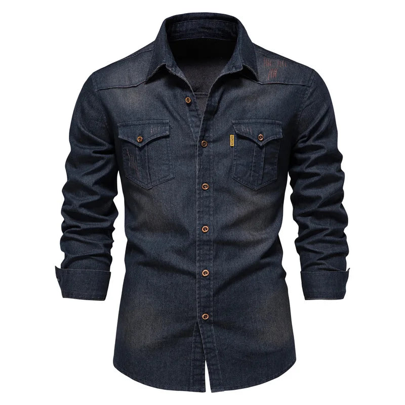 Elastic Cotton Denim Shirt High Quality Men Long Sleeve Solid Color Pocket Shirts for Men Casual Slim Fit Mens Designer Clothing