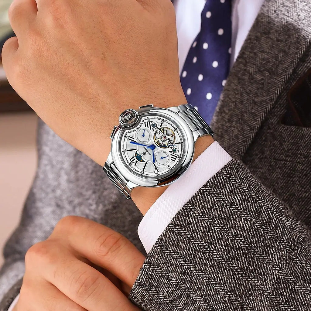 POEDAGAR Luxury Male Clock Date Week Stainless Steel Tourbillon Men Watch Waterproof Automatic Mechanical Business Men's Watches