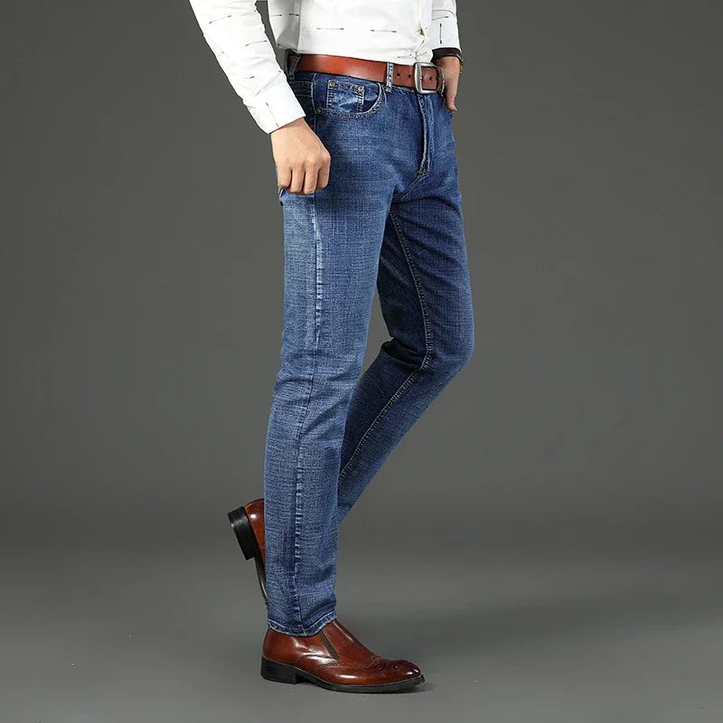 WTHINLEE Business Men's Jeans Casual Straight Stretch Fashion Classic Blue Work Denim Trousers Male Brand Clothing Size 28-40