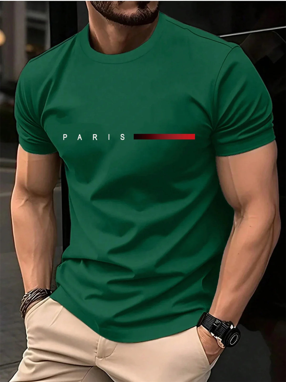 New fashionable t-shirt for men loose Paris style with creative print of letters casual round neck and short sleeves for summer