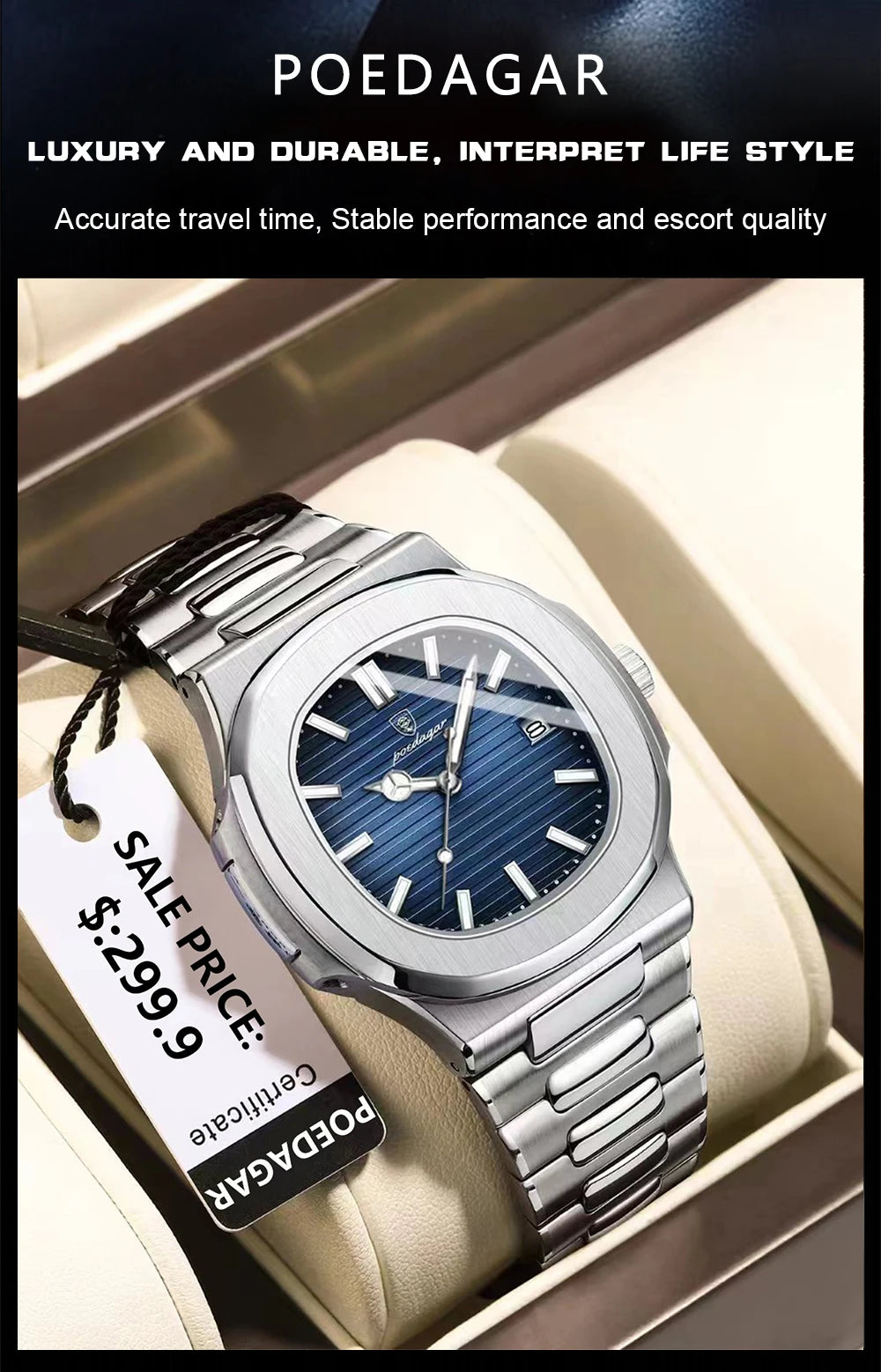 POEDAGAR Luxury Square Men Wristwatch Waterproof Luminous Date Stainless Steel Sports Male Clock Business Quartz Watches For Men