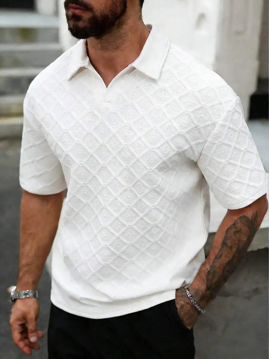 Men's Textured Short Sleeve Casual Polo Shirt in Off-White
