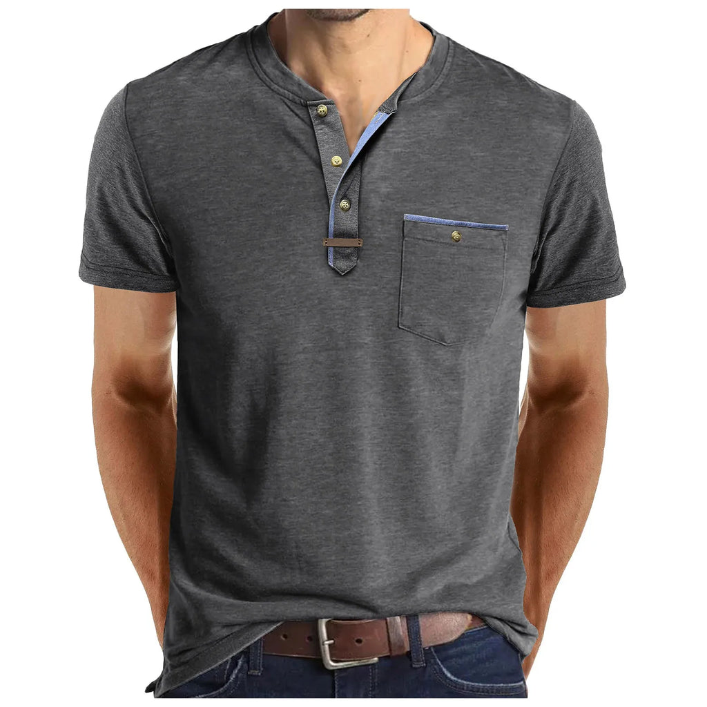 Men'S Short Sleeved T-Shirt Casual Round Neck Button Down Bottoming Shirt With Pocket Pullover Vintage Washed T-Shirt For Male