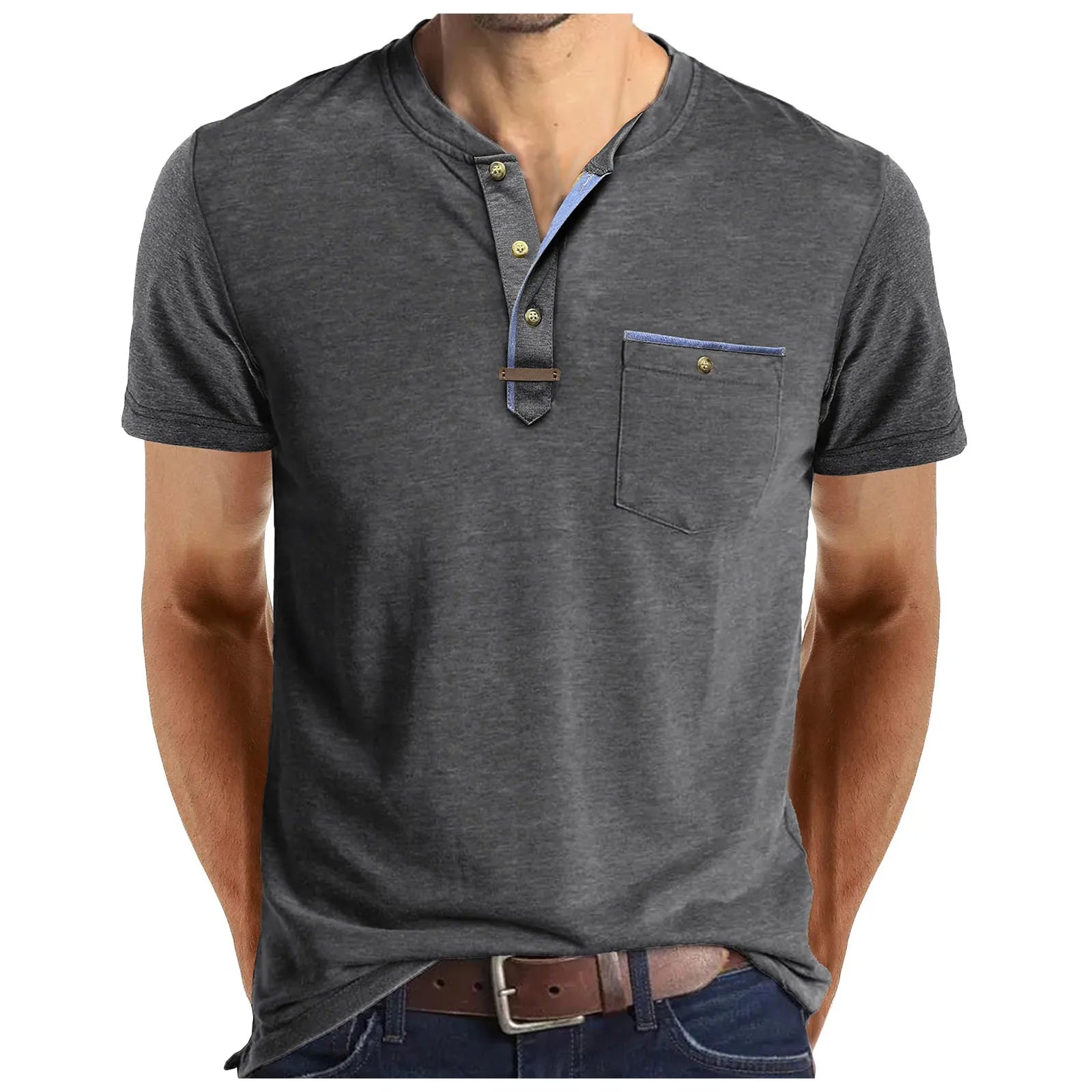 Men'S Short Sleeved T-Shirt Casual Round Neck Button Down Bottoming Shirt With Pocket Pullover Vintage Washed T-Shirt For Male