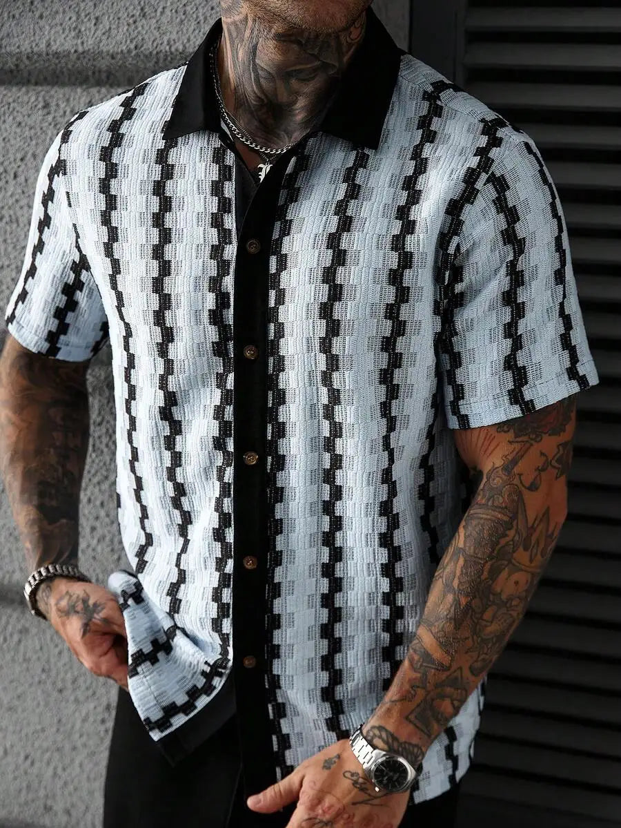 Casual Short Sleeve Knitted Shirt With Turn-Down Collar Geometric Pattern Men