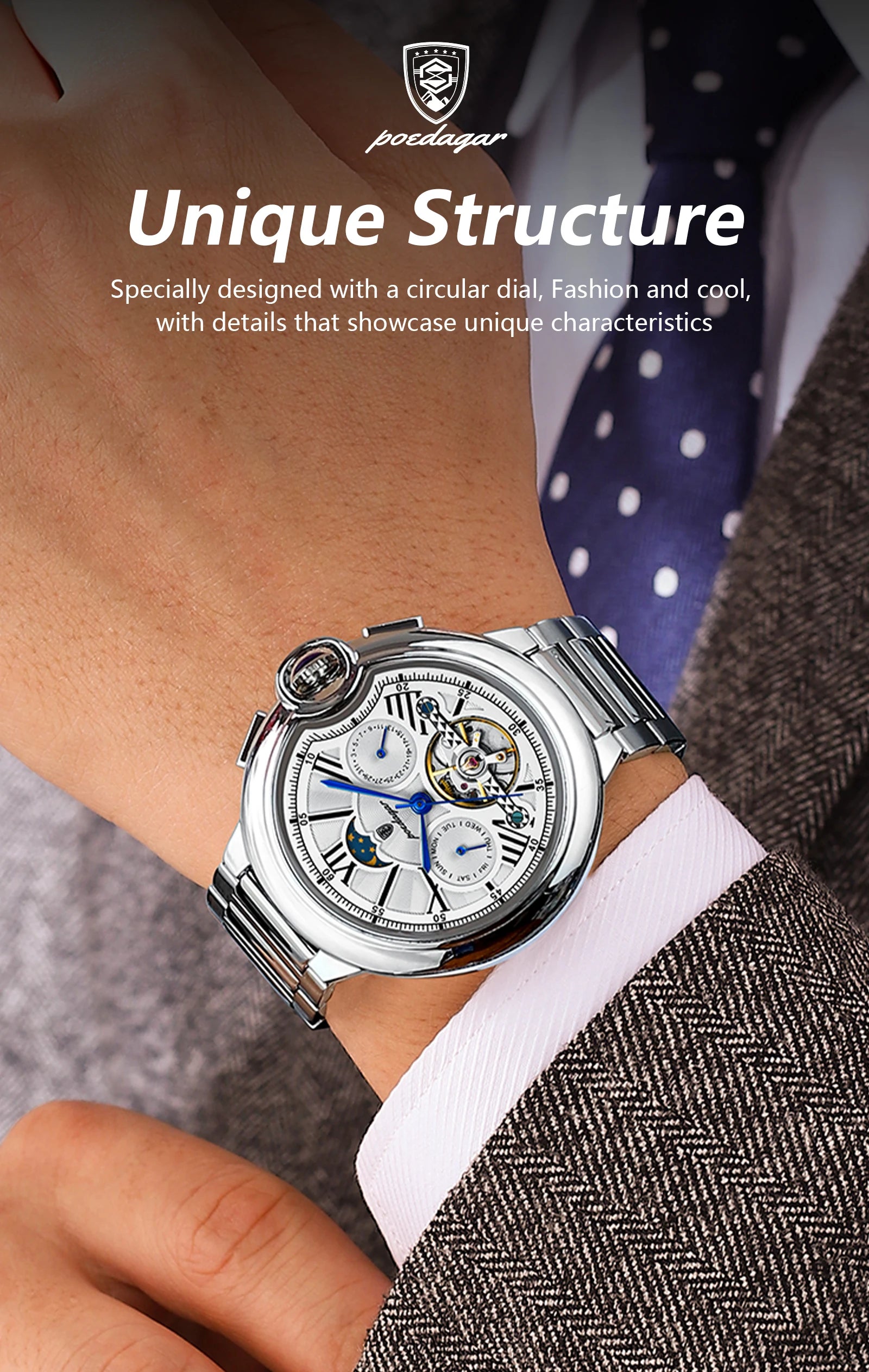 POEDAGAR Luxury Male Clock Date Week Stainless Steel Tourbillon Men Watch Waterproof Automatic Mechanical Business Men's Watches