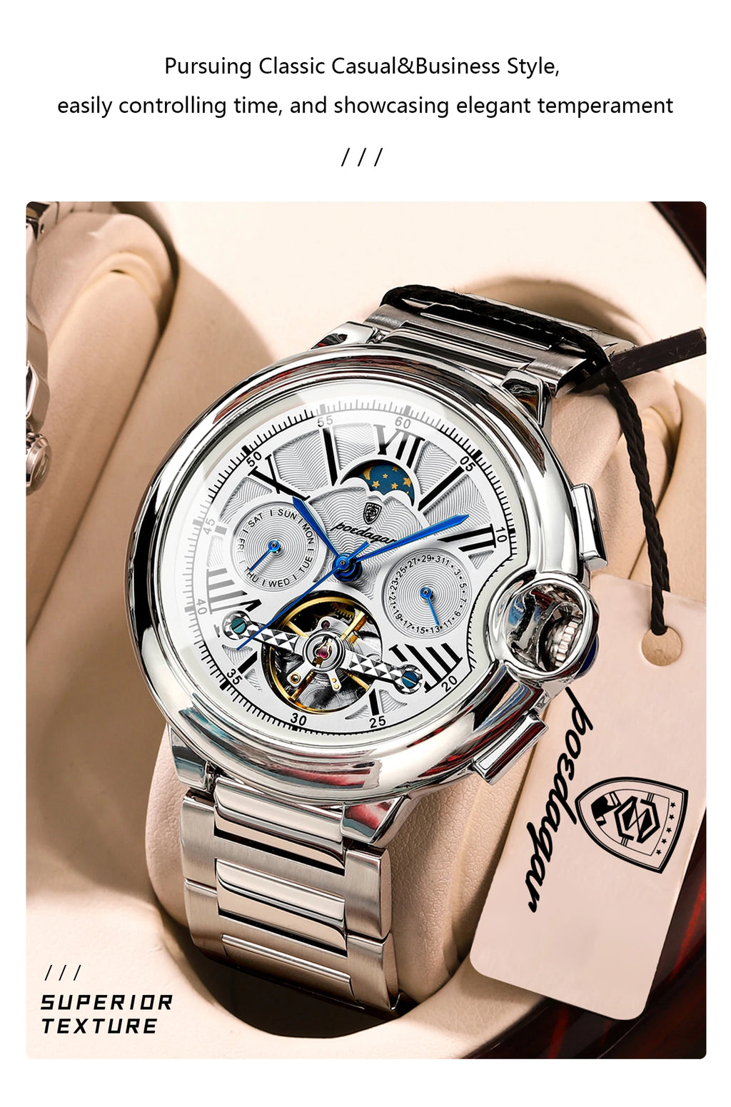 POEDAGAR Luxury Male Clock Date Week Stainless Steel Tourbillon Men Watch Waterproof Automatic Mechanical Business Men's Watches