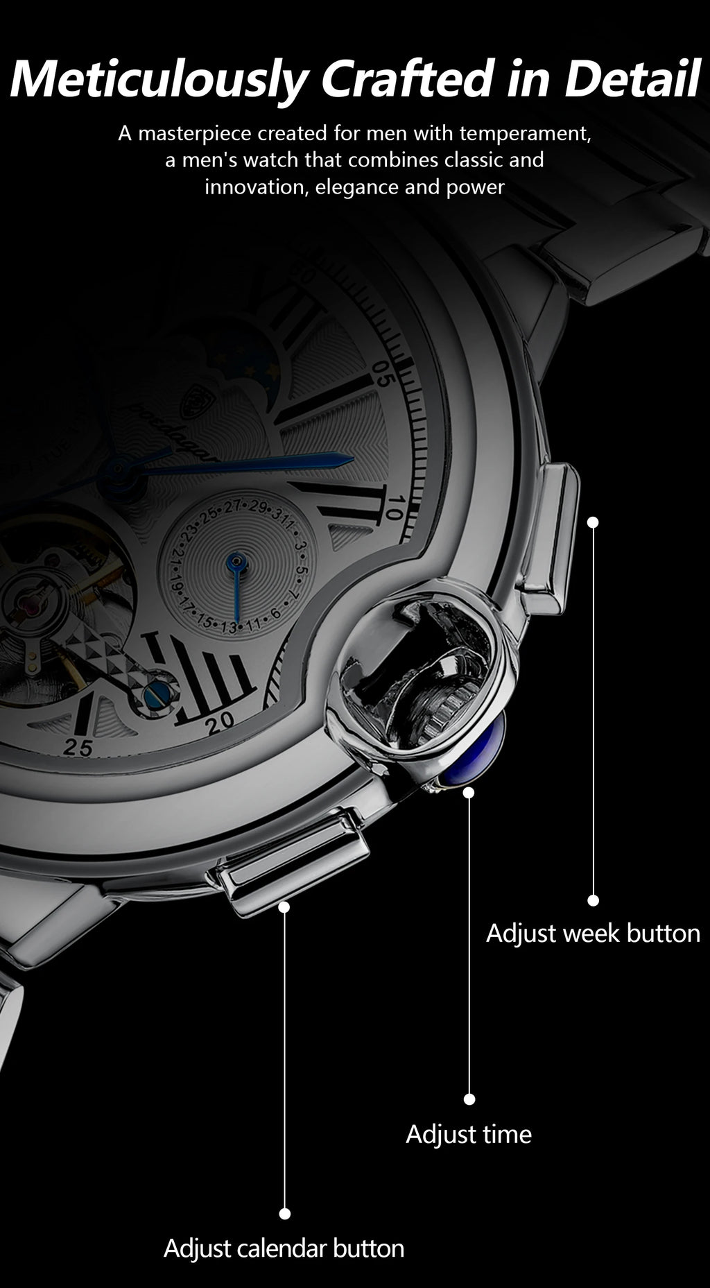 POEDAGAR Luxury Male Clock Date Week Stainless Steel Tourbillon Men Watch Waterproof Automatic Mechanical Business Men's Watches