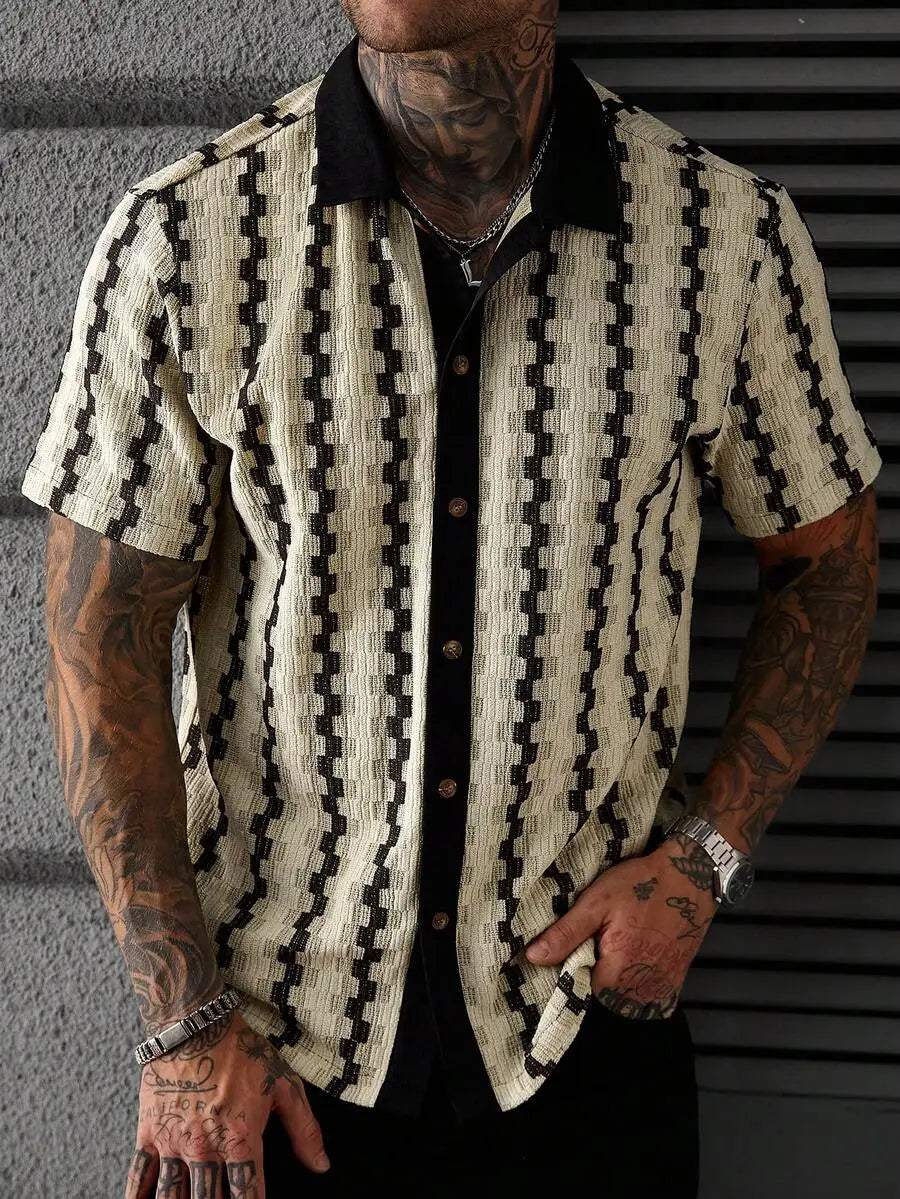 Casual Short Sleeve Knitted Shirt With Turn-Down Collar Geometric Pattern Men