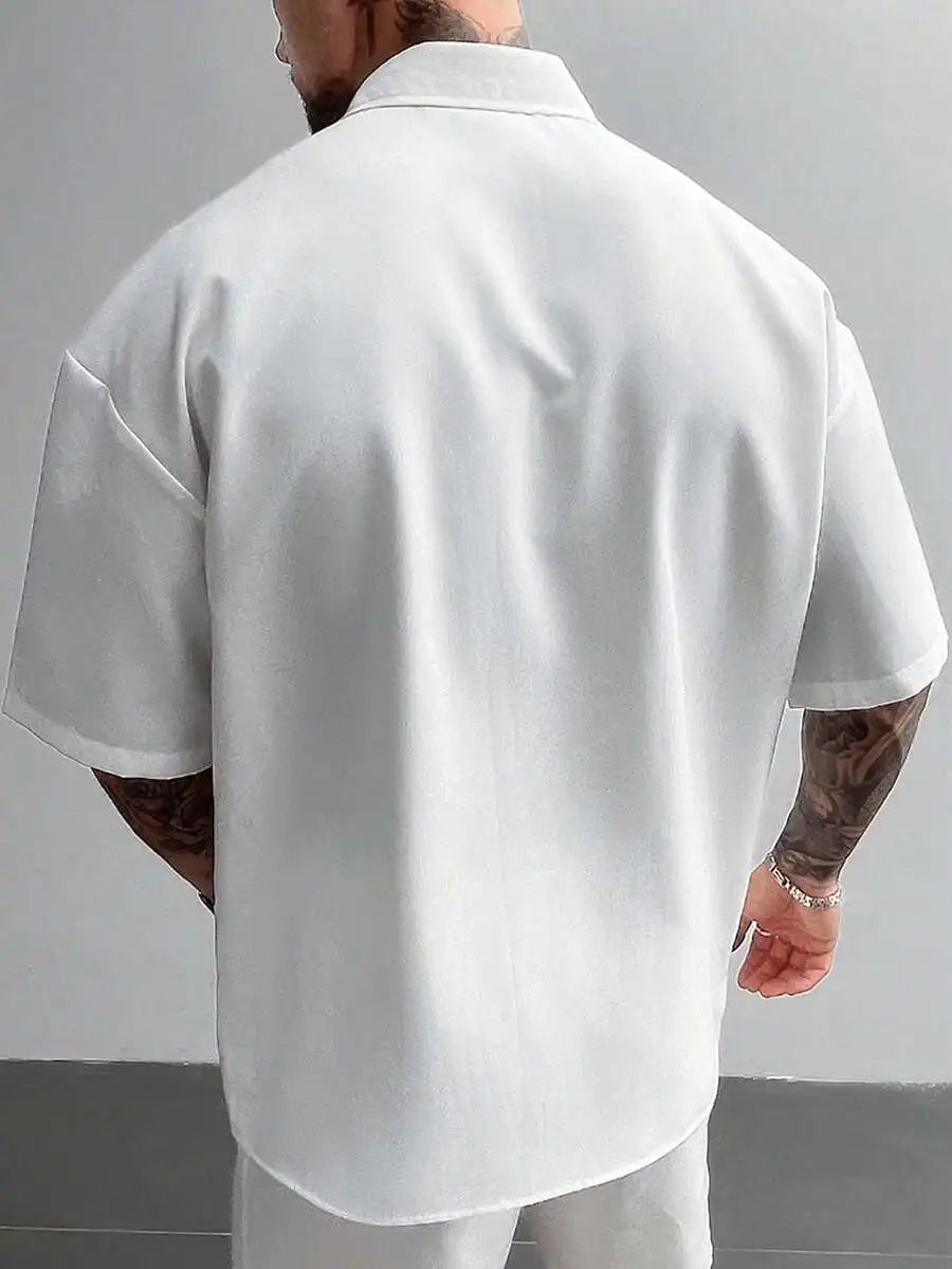 Men's White Short Sleeve Loose Fit Cargo Shirt with Front Pockets