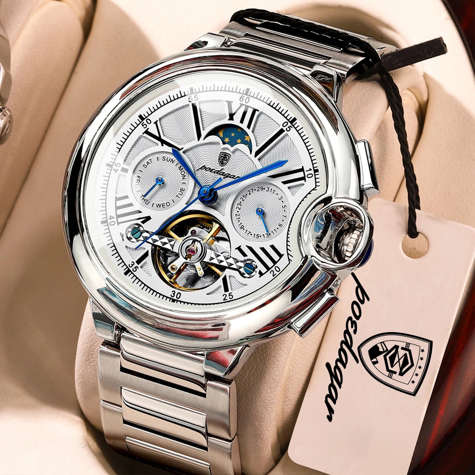 POEDAGAR Luxury Male Clock Date Week Stainless Steel Tourbillon Men Watch Waterproof Automatic Mechanical Business Men's Watches