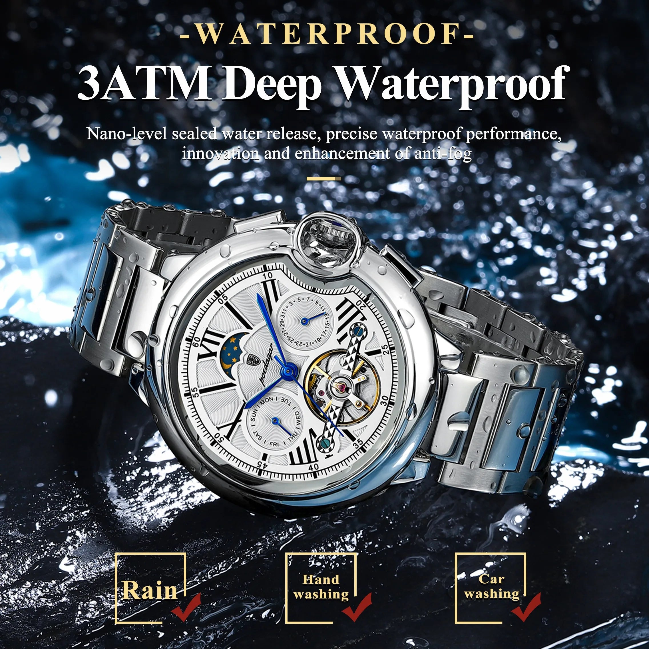 POEDAGAR Luxury Male Clock Date Week Stainless Steel Tourbillon Men Watch Waterproof Automatic Mechanical Business Men's Watches