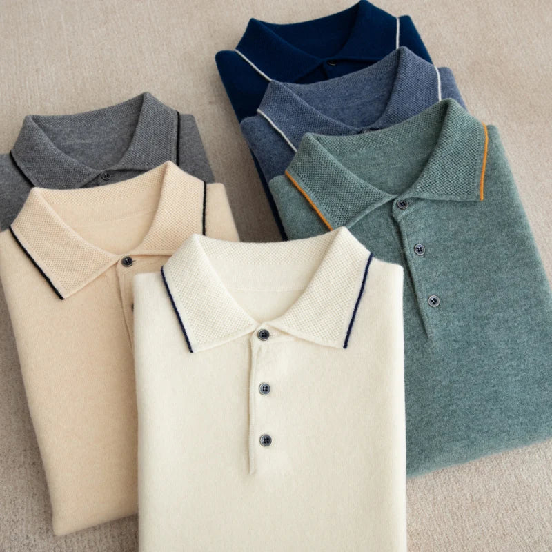 100% Merino wool men's lapel short sleeved sweater T-shirt new knitted casual business men's pullover sweater wool T-shirt summe