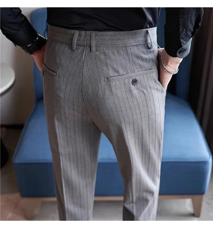 Gray Plaid Suit Pants Men, Fashion Slim Streaks Trousers Korean Navy Blue Pantalones Hombre, 28-32,33,34,36,38 Male Pant