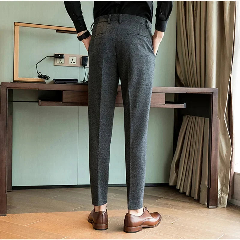 Autumn Winter Man Elastic Pants Knitted Herringbone Straight Leg Trousers Business Casual Banquet Men's Suit Pants
