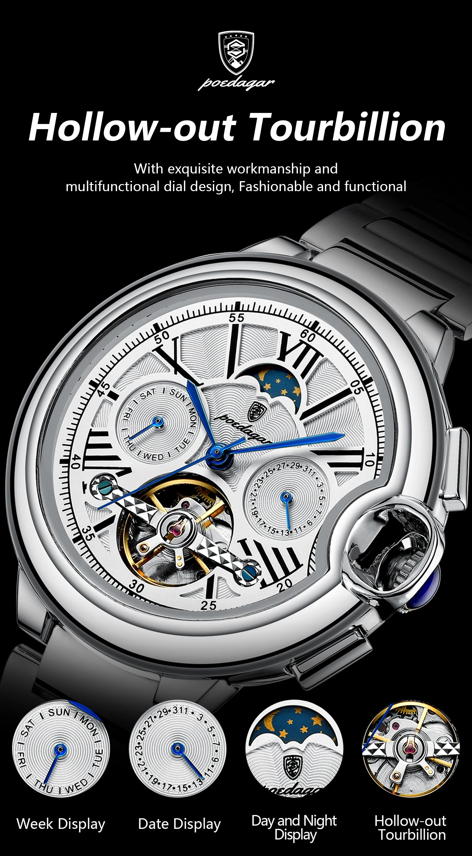 POEDAGAR Luxury Male Clock Date Week Stainless Steel Tourbillon Men Watch Waterproof Automatic Mechanical Business Men's Watches