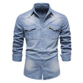 Elastic Cotton Denim Shirt High Quality Men Long Sleeve Solid Color Pocket Shirts for Men Casual Slim Fit Mens Designer Clothing