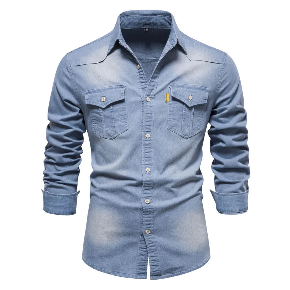 Elastic Cotton Denim Shirt High Quality Men Long Sleeve Solid Color Pocket Shirts for Men Casual Slim Fit Mens Designer Clothing