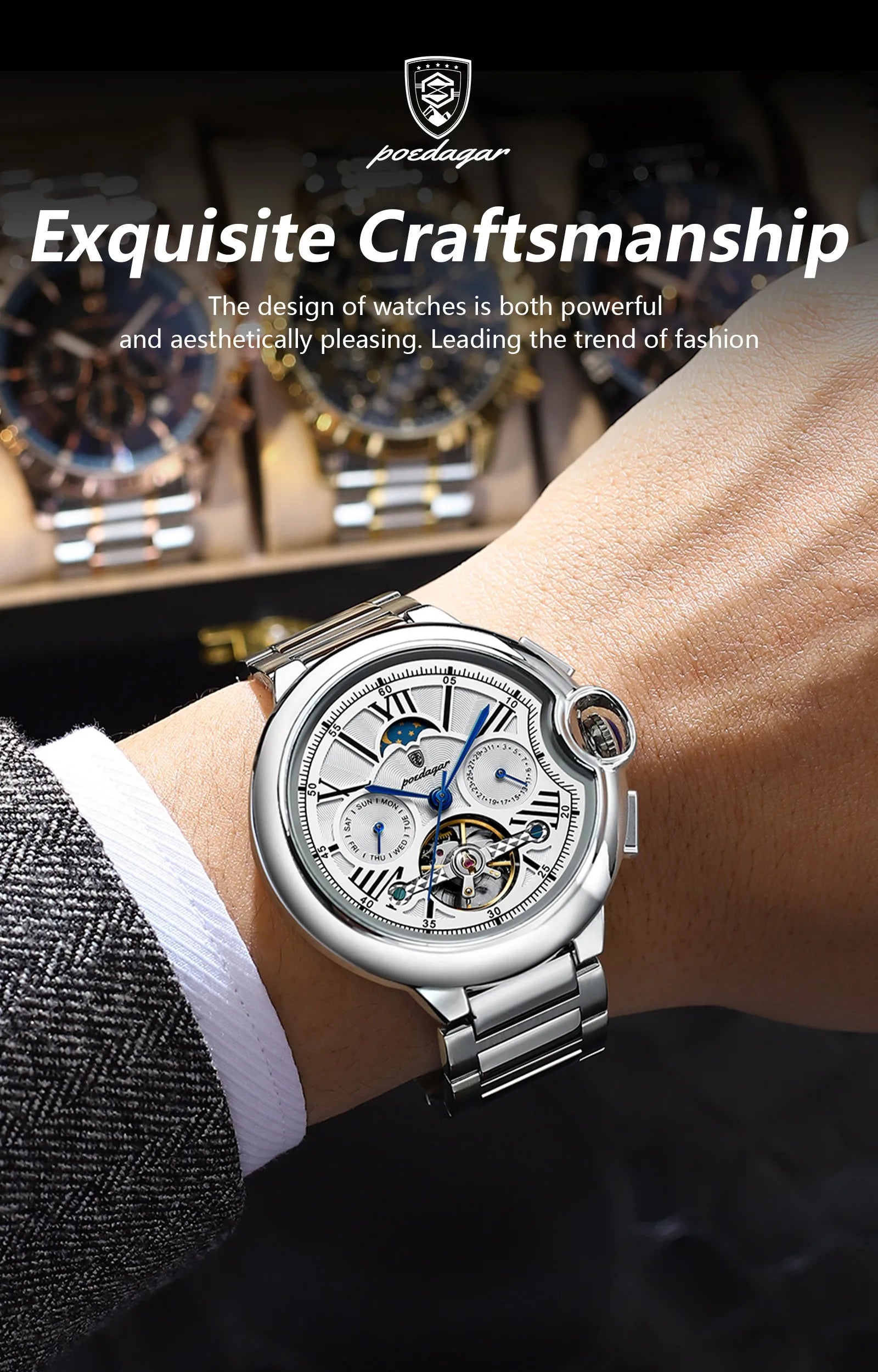 POEDAGAR Luxury Male Clock Date Week Stainless Steel Tourbillon Men Watch Waterproof Automatic Mechanical Business Men's Watches