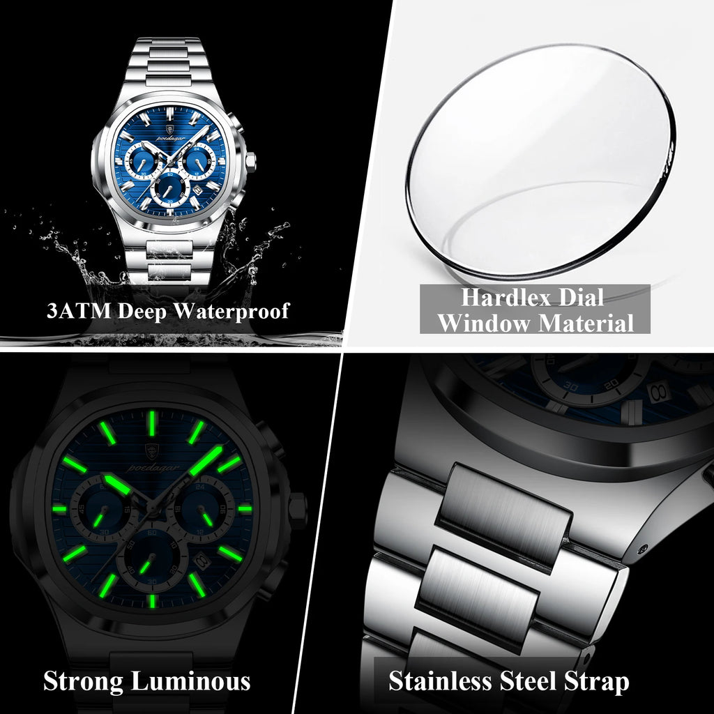 POEDAGAR Business Male Clock Date Chronograph Waterproof Luminous Luxury Men Watch Stainless Steel Quartz Fashion Men's Watches