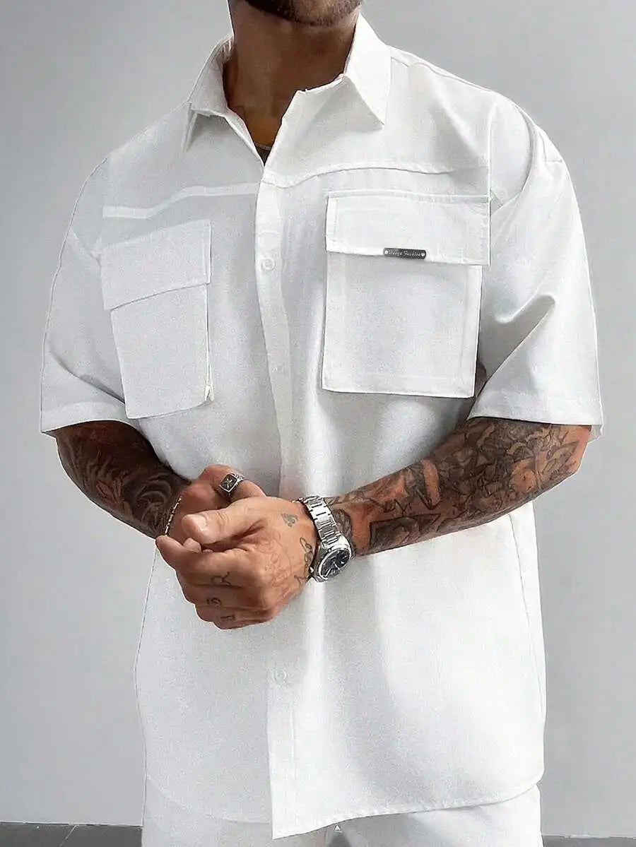 Men's White Short Sleeve Loose Fit Cargo Shirt with Front Pockets