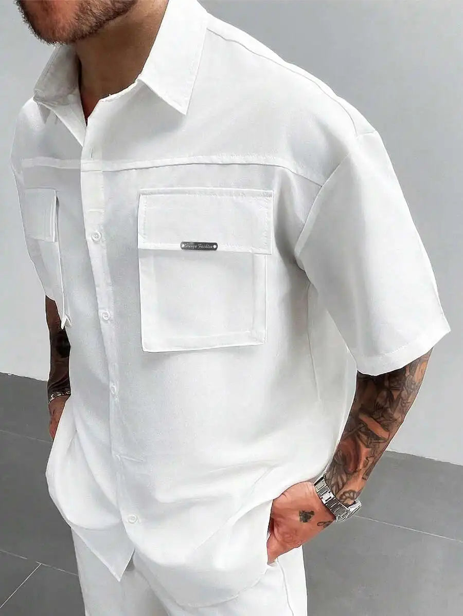 Men's White Short Sleeve Loose Fit Cargo Shirt with Front Pockets