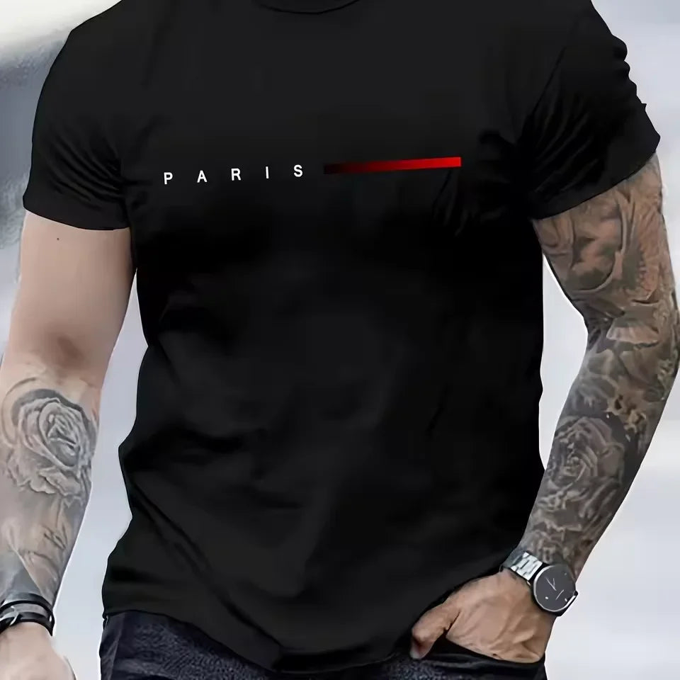 New fashionable t-shirt for men loose Paris style with creative print of letters casual round neck and short sleeves for summer