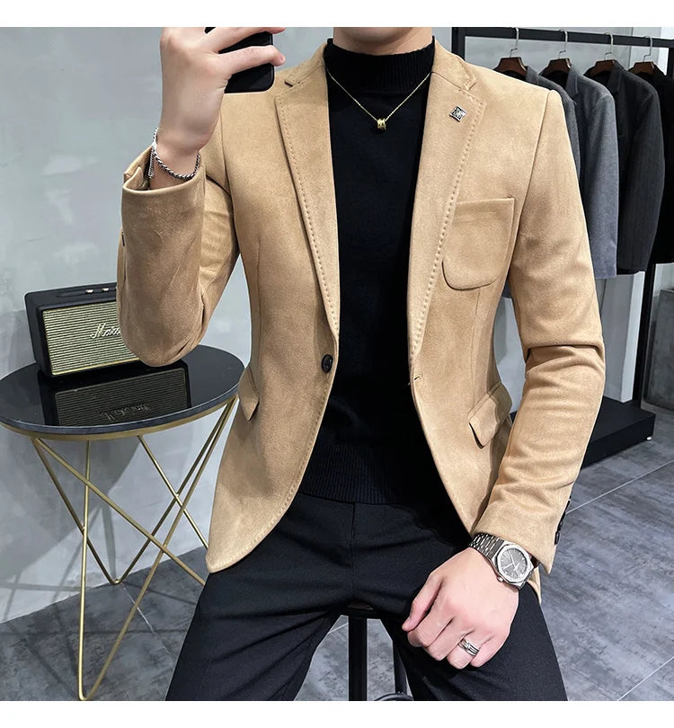 Deerskin Leather Jacket Blazer Men Casual Slim Fit Blazer Hombre Suit Leather Jacket Men Terno Masculino Men Clothing 6 Color