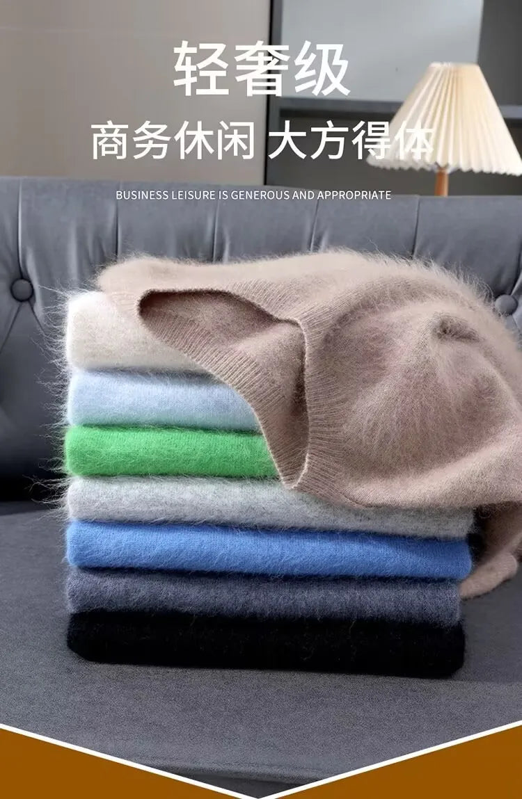 100% Mink Cashmere Knitted Short Sleeved Men's Loose Round Neck Solid Color Half Sleeved Simple T-Shirt Casual Business Cashmere