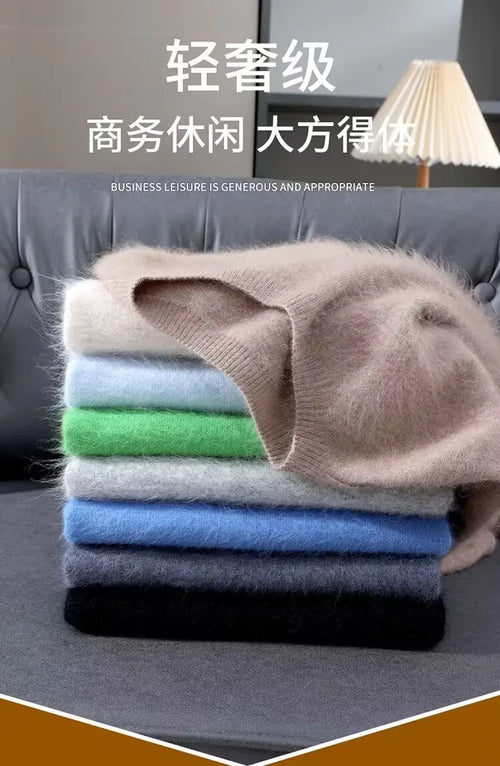 100% Mink Cashmere Knitted Short Sleeved Men's Loose Round Neck Solid Color Half Sleeved Simple T-Shirt Casual Business Cashmere