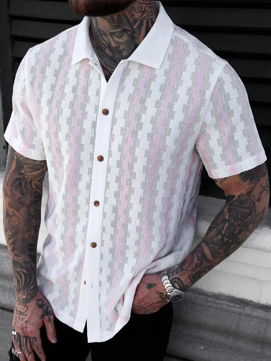 Casual Short Sleeve Knitted Shirt With Turn-Down Collar Geometric Pattern Men