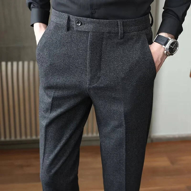 Autumn Winter Man Elastic Pants Knitted Herringbone Straight Leg Trousers Business Casual Banquet Men's Suit Pants