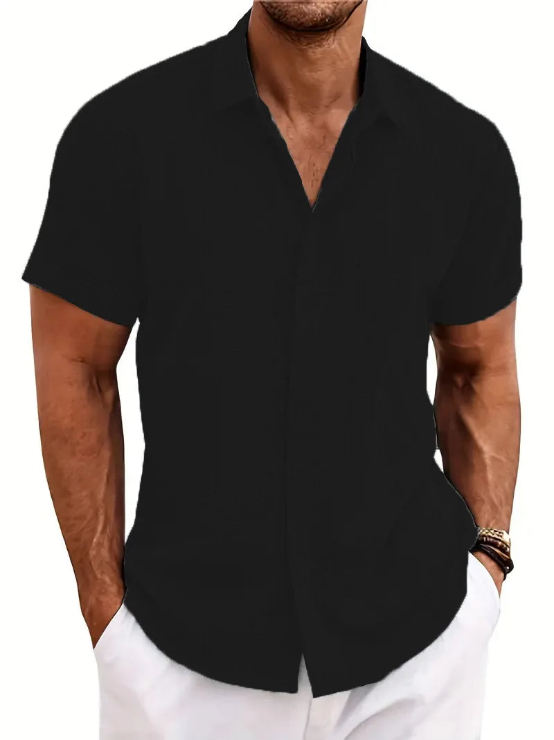 New men's solid color short-sleeved shirt Summer solid color lapel casual beach style cardigan polyester shirt
