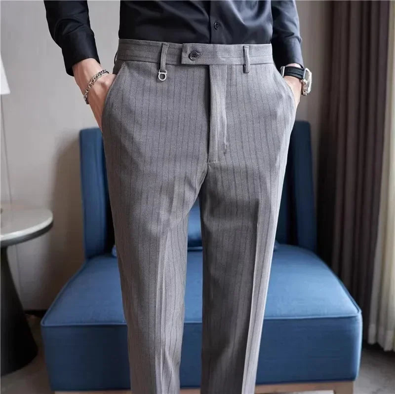 Gray Plaid Suit Pants Men, Fashion Slim Streaks Trousers Korean Navy Blue Pantalones Hombre, 28-32,33,34,36,38 Male Pant