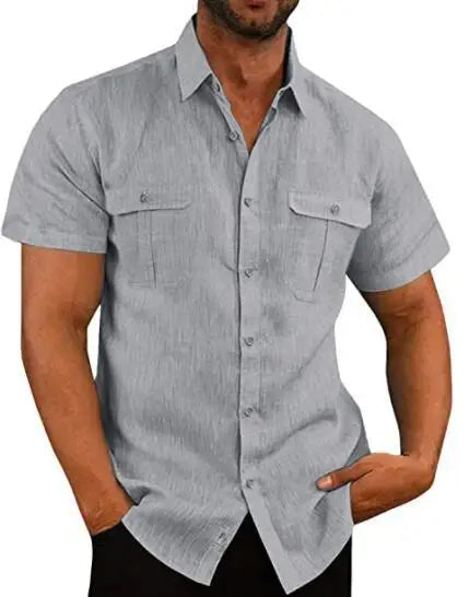 Cotton Linen Hot Sale Men Short-Sleeved Shirts Summer Solid Color Stand-Up Collar Casual Beach Style Plus SizeMale Shirts M-5XL