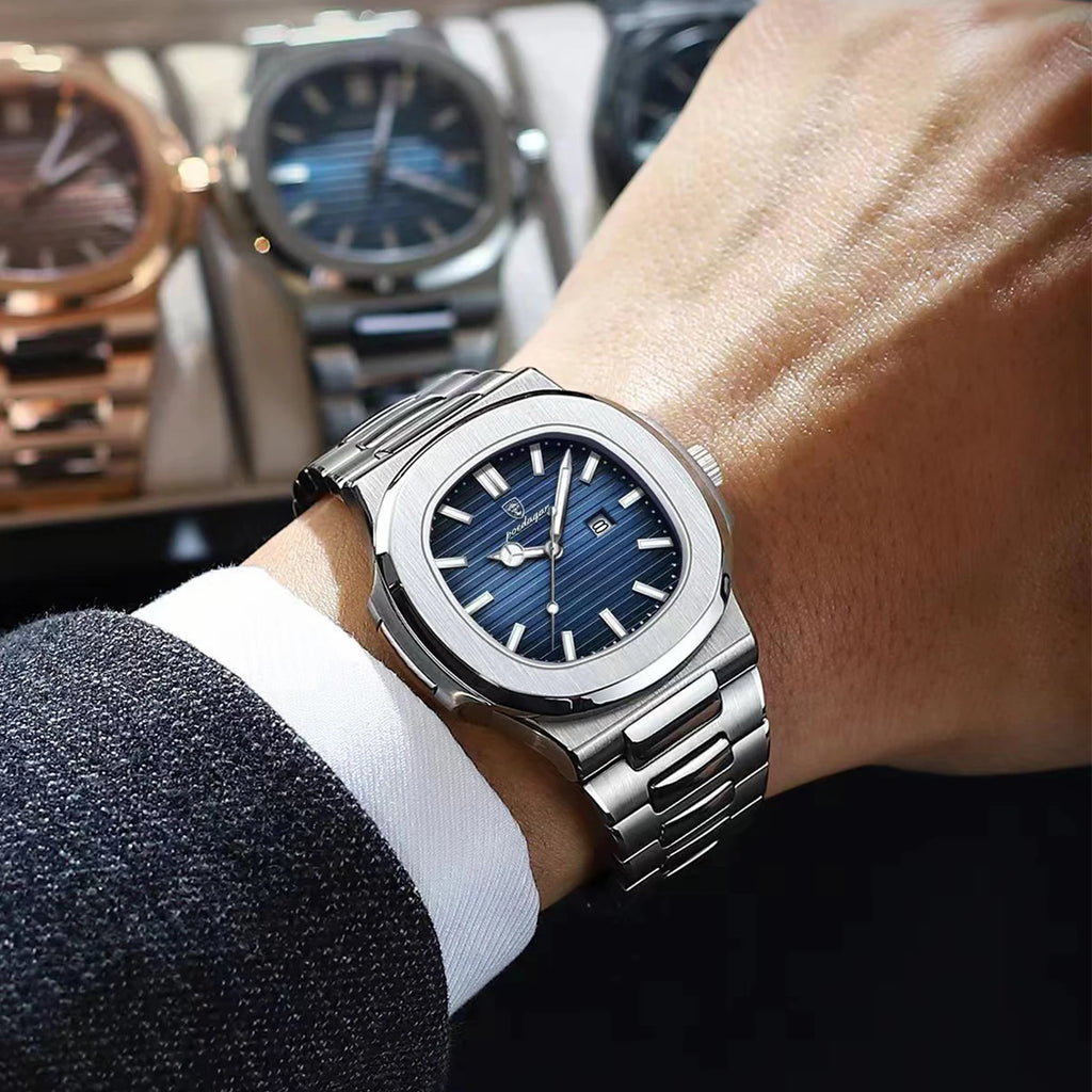 POEDAGAR Luxury Square Men Wristwatch Waterproof Luminous Date Stainless Steel Sports Male Clock Business Quartz Watches For Men