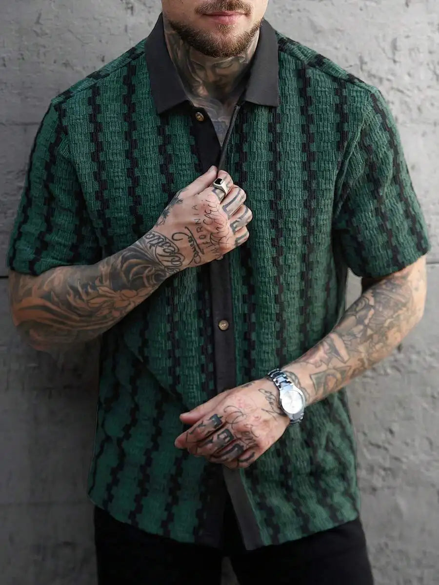 Casual Short Sleeve Knitted Shirt With Turn-Down Collar Geometric Pattern Men
