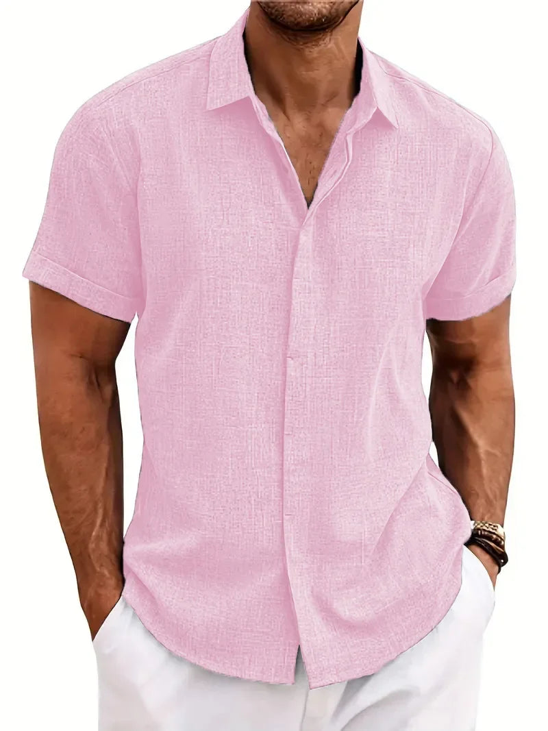 New men's solid color short-sleeved shirt Summer solid color lapel casual beach style cardigan polyester shirt