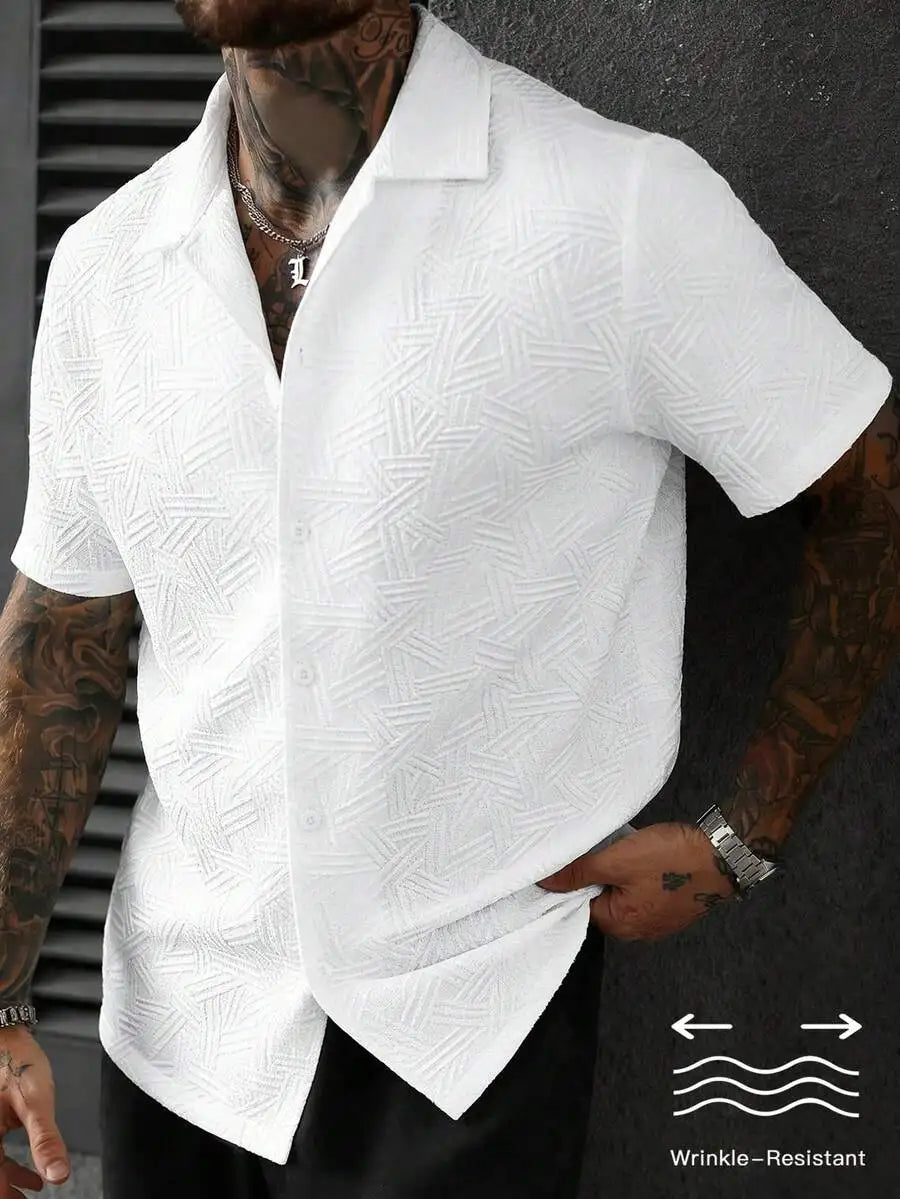 Casual Short Sleeve Knitted Shirt With Turn-Down Collar Geometric Pattern Men
