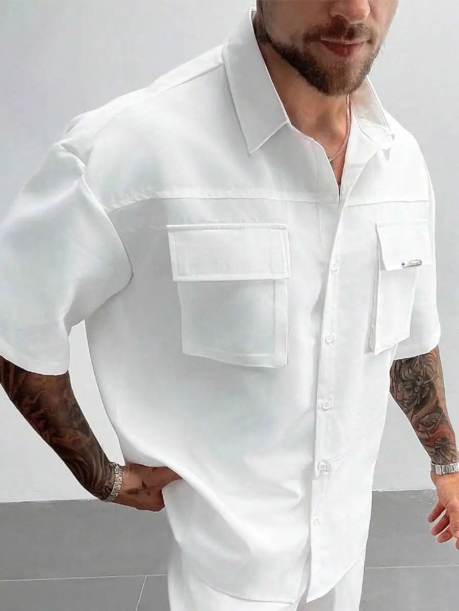Men's White Short Sleeve Loose Fit Cargo Shirt with Front Pockets