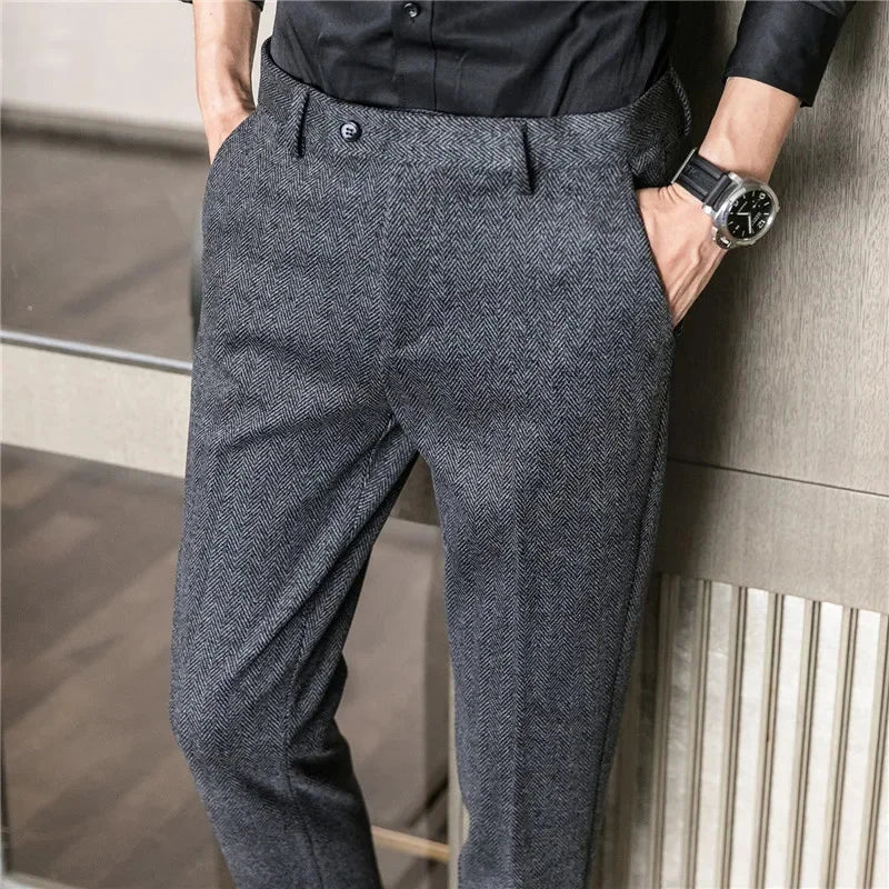Autumn Winter Man Elastic Pants Knitted Herringbone Straight Leg Trousers Business Casual Banquet Men's Suit Pants