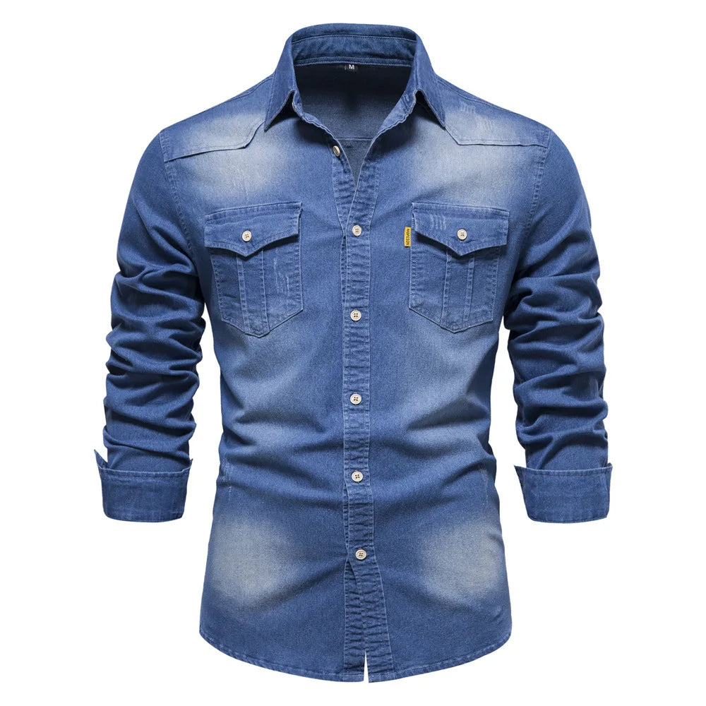 Elastic Cotton Denim Shirt High Quality Men Long Sleeve Solid Color Pocket Shirts for Men Casual Slim Fit Mens Designer Clothing