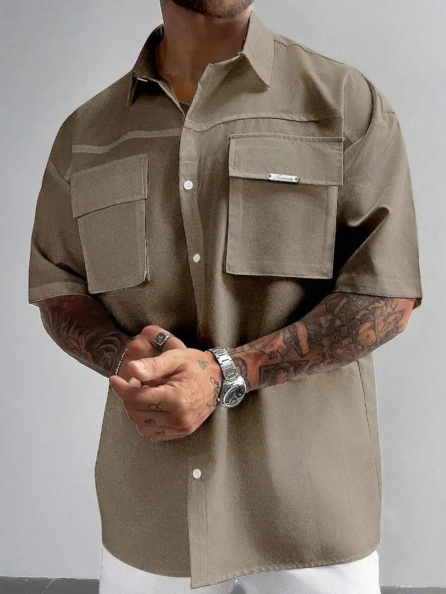 Men's White Short Sleeve Loose Fit Cargo Shirt with Front Pockets